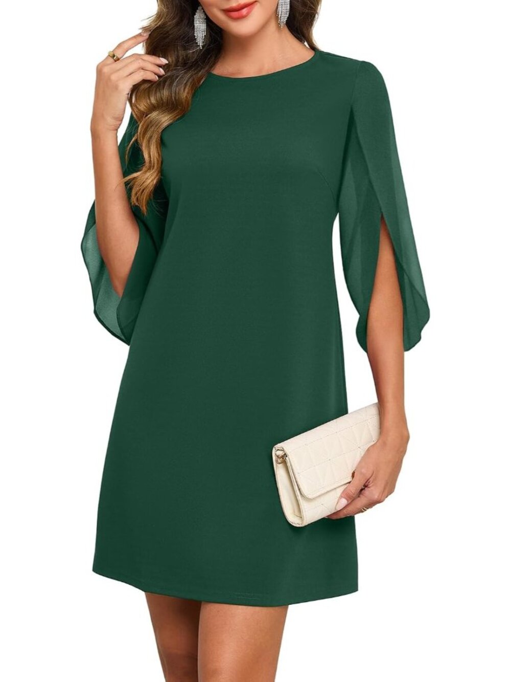 Women's Dark Green 2026 Flutter Sleeve Crewneck Wedding Guest Short Dresses